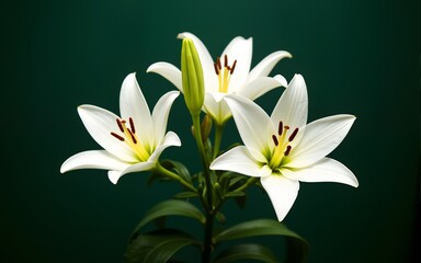Naklejka premium White Lilies on Dark Green Background. High quality