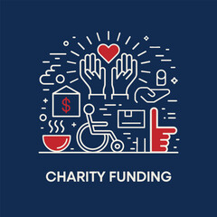 Charity funding concept with donation icons including hands, heart, coin, house, soup bowl, wheelchair, box, and thumbs-up – vector design.
