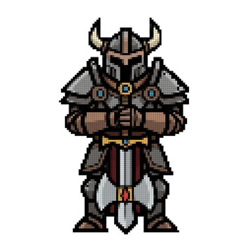 A formidable pixel art knight in horned armor stands guard, holding a greatsword.