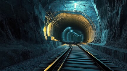 A tunnel with a train track leading through it
