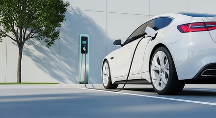 White electric car charging at a modern station