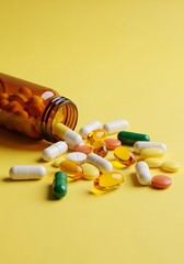 Assorted pills and capsules spilling from a bottle on yellow background