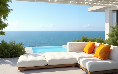 White Sofa with Yellow and Orange Pillows on a Patio with Ocean View. High quality