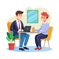 Professional male boss conducting job interview with candidate in modern office setup, HR hiring process, recruitment conversation illustration.