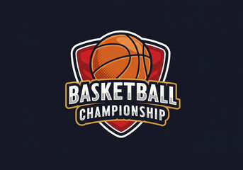 Basketball championship logo with ball and shield on a dark background for sports competition event design