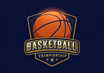 Basketball championship logo with orange ball and three stars on a dark blue background