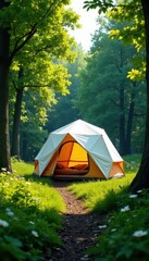 Sleek geodesic dome tent amidst lush green summer forest, dome, relaxation, vacation