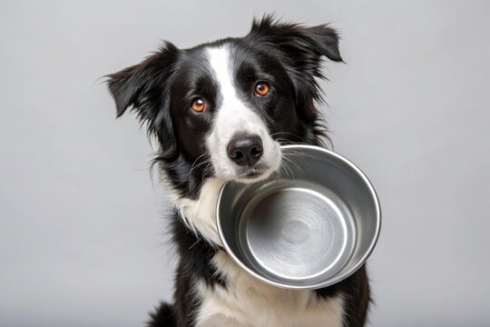 Hungry border collie dog holding an empty metal food bowl in its mouth