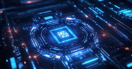 Blue and white AI icon in a digital futuristic interface with glowing tech elements and abstract data visualization