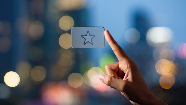 Reaching for Excellence A Hand Touching a Star Icon Against a Blurred Cityscape Background Representing Achievement, Quality, and the Pursuit of High Standards in Business
