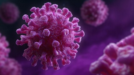 A detailed, colorful representation of a Nipah virus, showcasing its structure with spiky protrusions against a dark, blurred background.