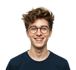 Fototapeta premium Smiling young caucasian male with glasses. Cut out PNG