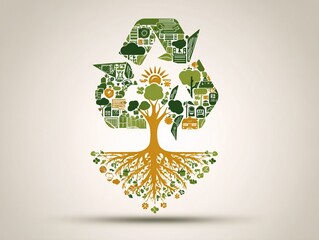 Flat Design Earth Day Composition: Recycle Symbol Formed by Tree Roots Holding Energy Icons in Warm Green Palette