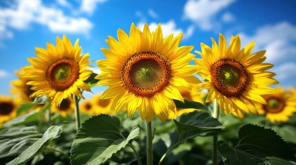 Obraz premium Three vibrant sunflowers against a bright sky