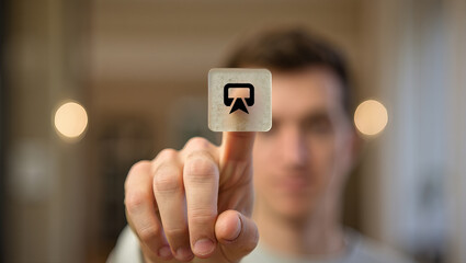 Close Up of a Person's Finger Pressing a Transparent Button with an Arrow Icon Against a Blurred Background Indoors
