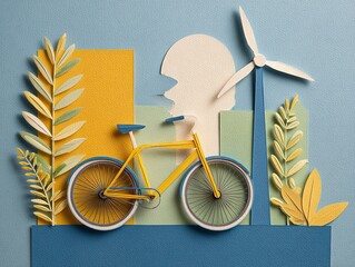 Sustainable Lifestyle Collage: Bicycle, Solar Panels and Windmill with Plant Frame in Paper Cut Effect and Color Blocking