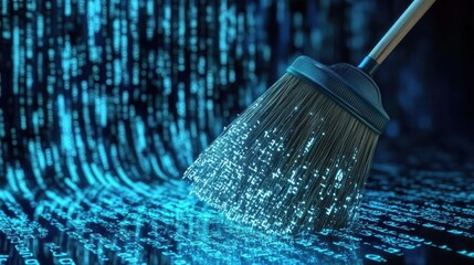 Digital concept of data cleansing with a broom sweeping away binary code- representing cybersecurity and data protection