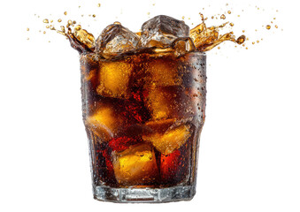 A glass of dark soda with ice, splashing (1)