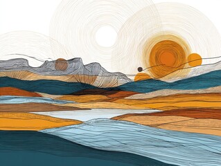 Abstract Linear Landscape with Integrated Energy Symbols in Continuous Line Art Style and Three-Color Palette