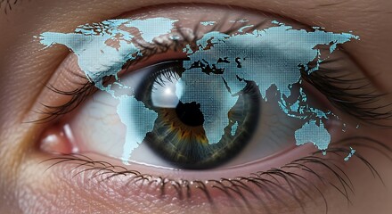 Futuristic global vision concept with world map projected on a human eye