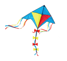 Colorful kite with blue, yellow, and red triangles. Cut out PNG