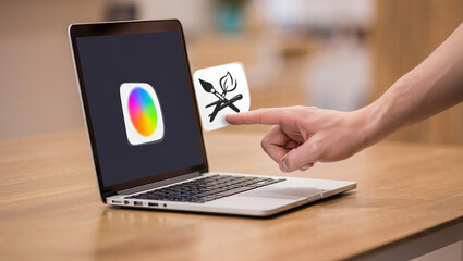 Laptop Displaying Digital Art Software with Hand Hovering Over Graphic Design App Icon on Wooden Desk Surface in Bright Studio Setting for Creative Workflow