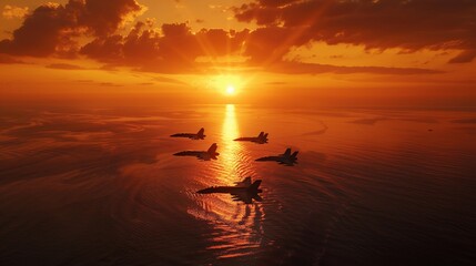 Sunset Flight: Aerial Display Above Reflective Waters