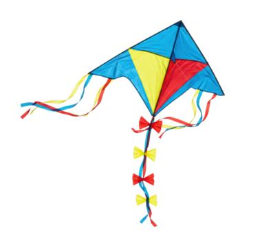 Colorful kite with blue, yellow, and red triangles. Cut out PNG