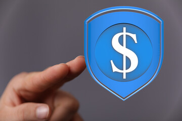 Image of a hand interacting with a digital shield protecting a dollar sign, symbolizing financial security.