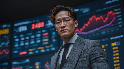 Fototapeta premium Man in suit stands before large screens displaying financial data and graphs.