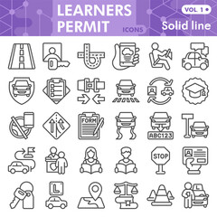 Learners permit symbols collection or sketches, driving theme bubble with line style signs for web and app. Vector graphics isolated on white background.