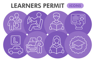 Learners permit symbols collection or sketches, driving theme bubble with thin line style signs for web and app. Vector graphics isolated on white background.