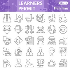 Learners permit symbols collection or sketches, driving theme bubble with thin line style signs for web and app. Vector graphics isolated on white background.