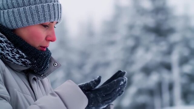 Woman warming hands in snowy winter forest
