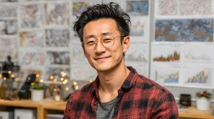Obraz premium Asian man wearing glasses and a red plaid shirt smiles at the camera.