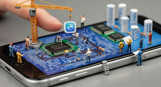 A team of miniature workers building a new application on a smartphone motherboard - Powered by Adobe