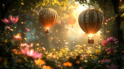 Fototapeta premium Two hot air balloons ascend through a vibrant flower field, bathed in sunlight