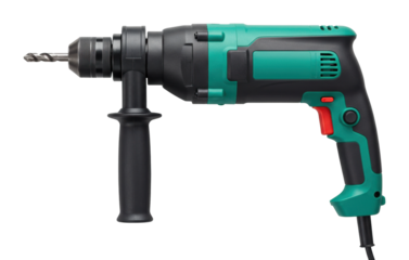 Green and black electric drill with handle and drill bit isolated. Cut out PNG