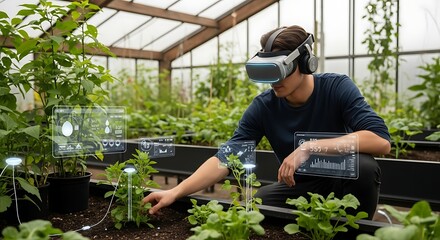 Agronomist carefully tending to plants using futuristic virtual reality technology in a greenhouse