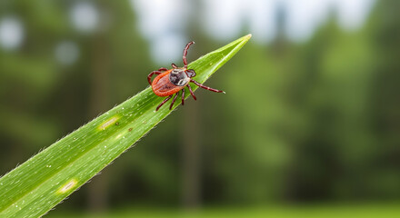 Naklejka premium Macro Close-up of a Dangerous Tick Perched on a Blade of Green Grass, a Vector for Lyme Disease and Other Illnesses