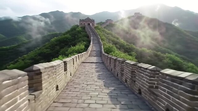 Drone Journey Along the Great Wall of China Through Misty Green Mountains