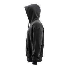 Dark black hooded sweatshirt displayed in profile against a solid black background
