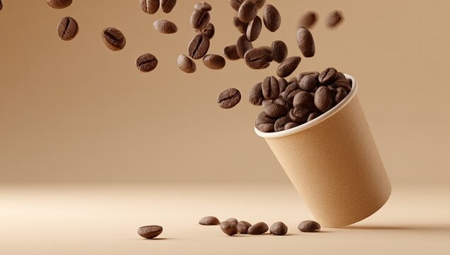 Tilted paper cup overflowing with dark roasted coffee beans against a beige backdrop; beans also falling around it