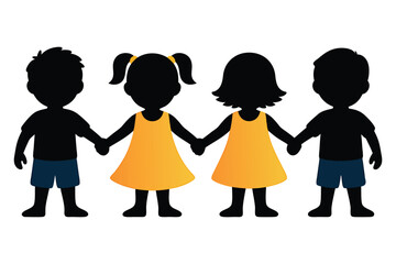 Silhouette of Four Children Holding Hands vector, Four children silhouettes running in a row vector illustration,Black and White Silhouettes of Four Children,set of four kids jumping,childhood,Ai