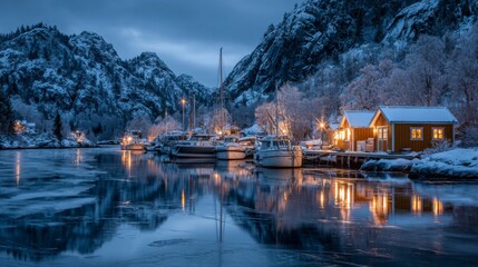 Fototapeta premium Frozen harbor in winter with boats docked and cabins lit with warm lights