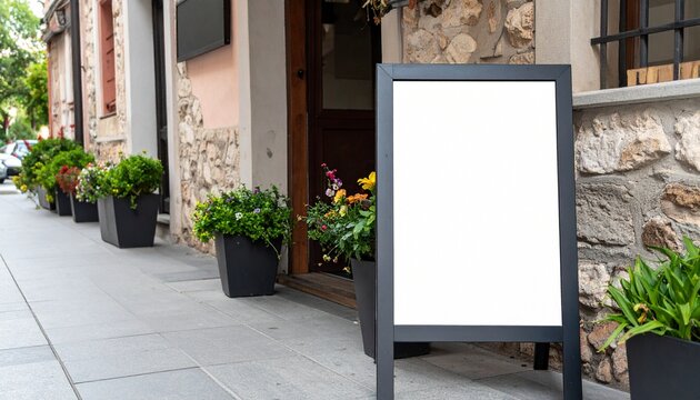 Empty white A-frame sandwich board sign on a sidewalk outside a restaurant. Mockup template for advertising or menu display.