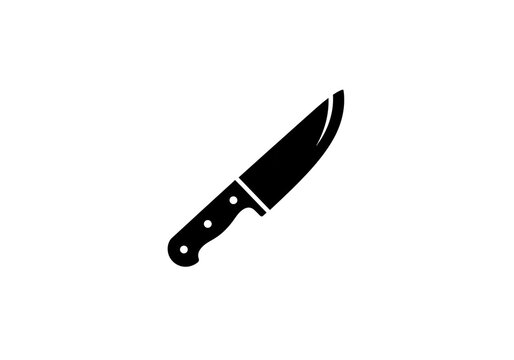A simple black silhouette of a kitchen knife with a curved blade on a white background space
