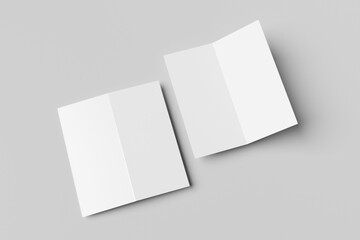 Plain white bi-fold brochure mockup from front and back isolated on light grey background