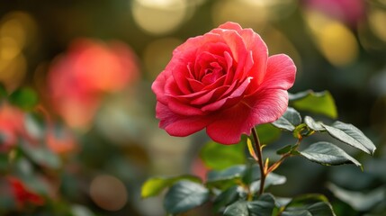 Fototapeta premium Vibrant crimson rose in garden setting