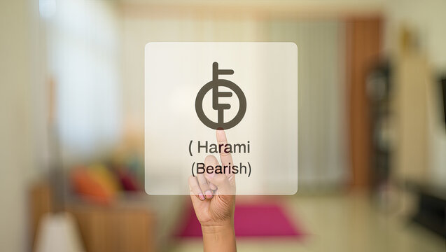 Harami Bearish Candlestick Pattern Displayed on a Transparent Screen with a Hand Pointing at the Symbol Representing Financial Market Analysis and Trading Signals